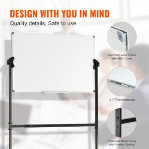 rolling magnetic whiteboard, double sided mobile whiteboard 36x24 inches, adjustable height dry erase board with wheels, 1 magnetic erase & 3 dry erase markers & movable tray office, school