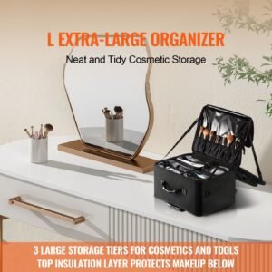 rolling makeup train case large storage 3 tiers, convenient carry with handle, wheels, strap, professional makeup storage organizer box make up carrier waterproof oxford, black