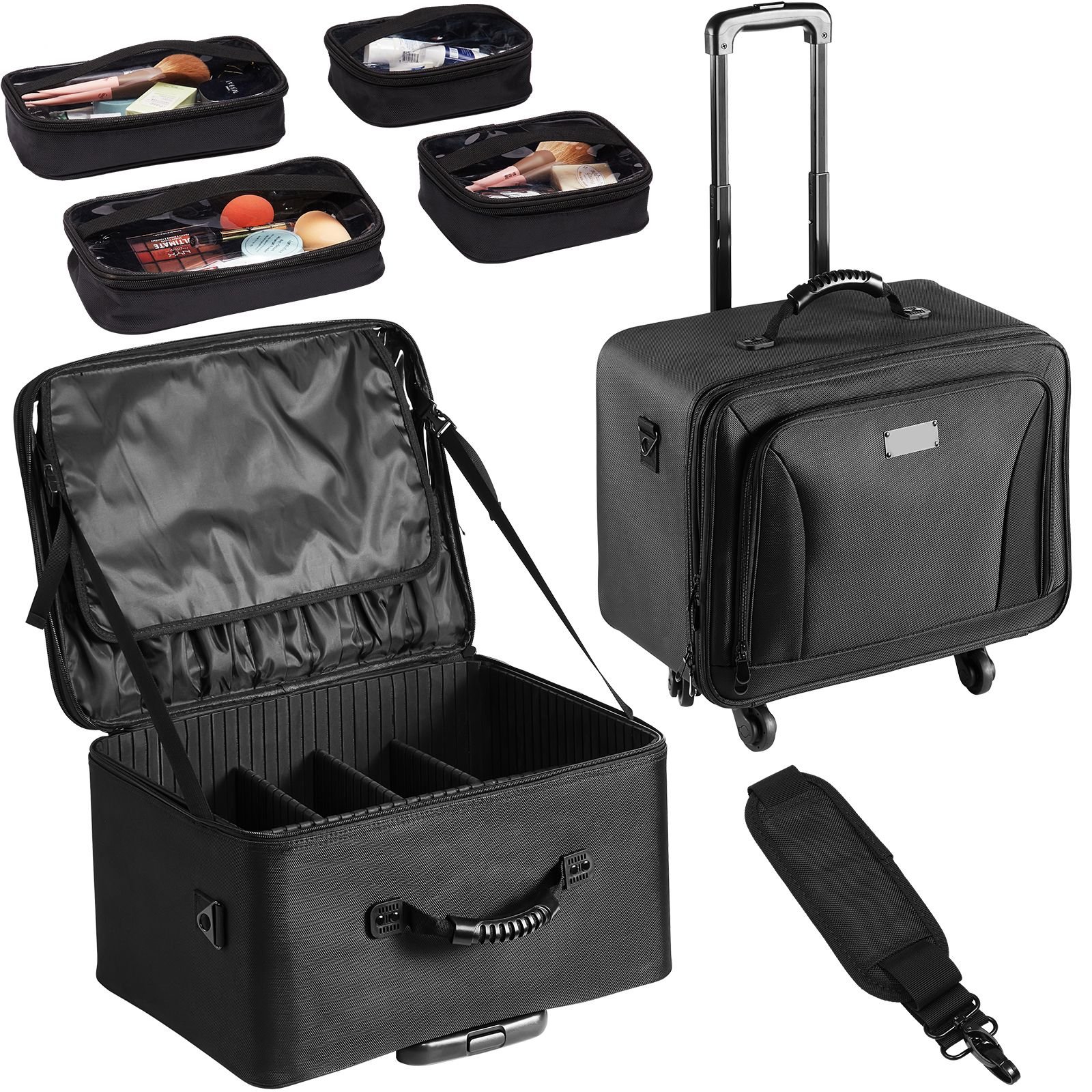 rolling makeup train case large storage 3 tiers, convenient carry with handle, wheels, strap, professional makeup storage organizer box make up carrier waterproof oxford, black