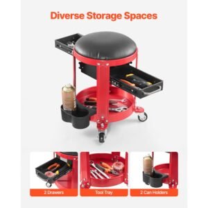 rolling mechanic stool with wheels, 300 lbs capacity garage seat/work stool, padded roller creeper seat with fixed height, tool tray and 2 drawers, for garage, shop & auto repair, red+black