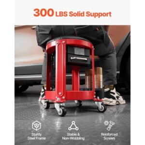 rolling mechanic stool with wheels, 300 lbs capacity garage seat/work stool, padded roller creeper seat with fixed height, tool tray and 2 drawers, for garage, shop & auto repair, red+black