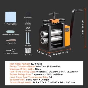 rolling mill, 3"/76 mm jewelry rolling mill machine, 1: 2 gear ratio, 3 in 1 multi function rolling mill, 0.1 7mm press thickness for metal jewelry making sheet square wire semicircle pattern