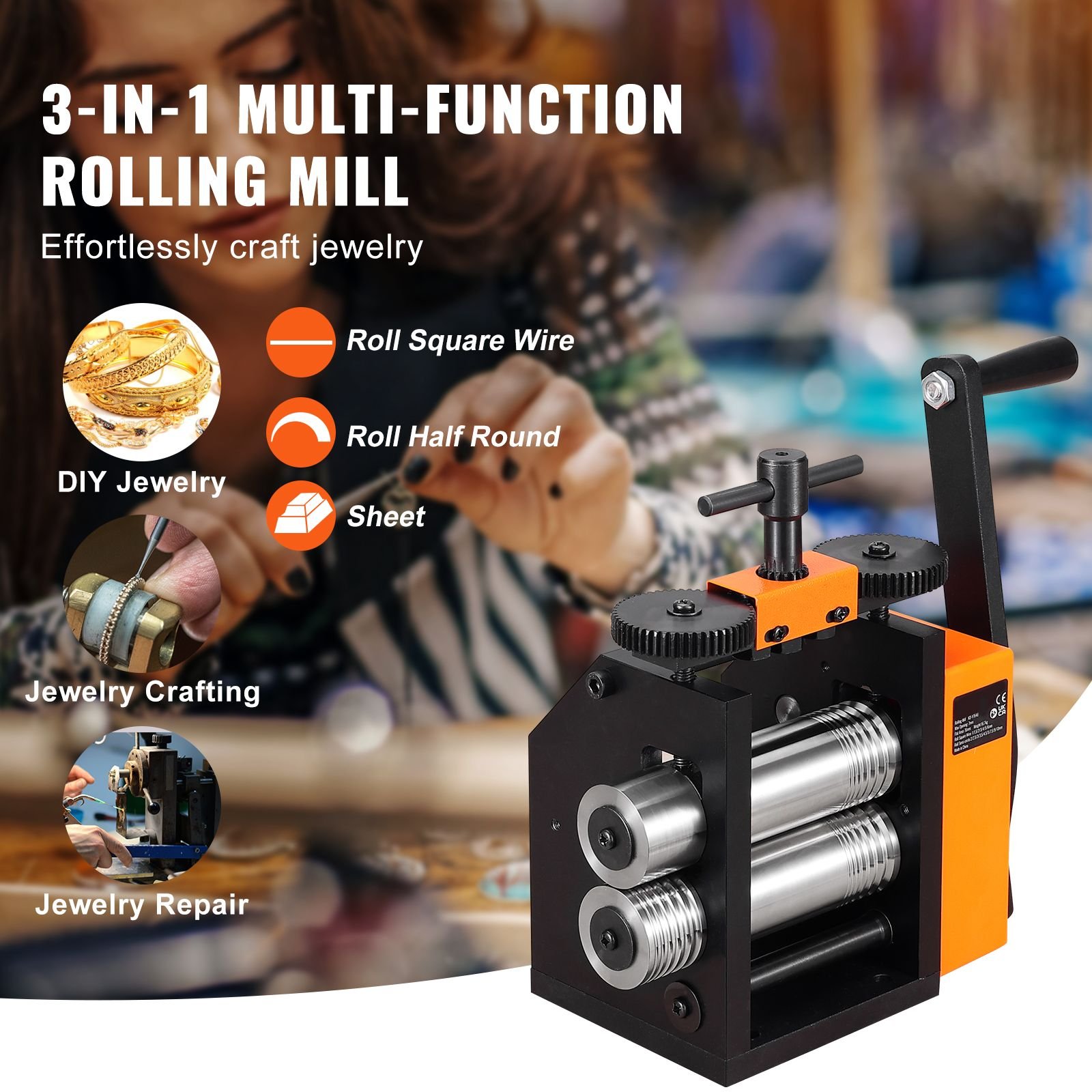rolling mill, 3"/76 mm jewelry rolling mill machine, 1: 2 gear ratio, 3 in 1 multi function rolling mill, 0.1 7mm press thickness for metal jewelry making sheet square wire semicircle pattern