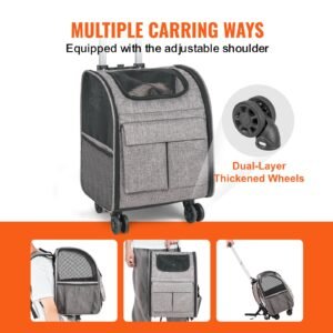 rolling pet carrier backpack with removable wheels for under 18lbs, large soft sided wheeled dog carrier cat travel carrier airline approved for small dogs and medium cats with upgraded wheels