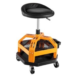 rolling shop stool, heavy duty pneumatic garage seat with 300 lbs capacity, adjustable height roller creeper seat, 360° swivel padded workshop stool with casters, for garage, shop & auto repair