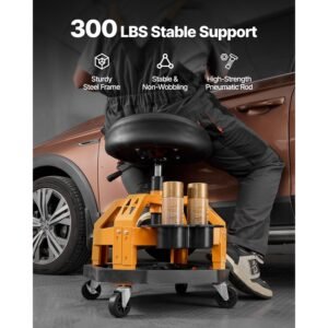 rolling shop stool, heavy duty pneumatic garage seat with 300 lbs capacity, adjustable height roller creeper seat, 360° swivel padded workshop stool with casters, for garage, shop & auto repair