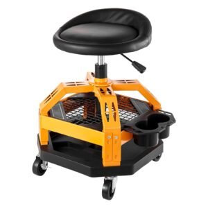 Rolling Shop Stool, Heavy-Duty Pneumatic Garage Seat with 300 lbs Capacity, Adjustable Height Roller Creeper Seat, 360° Swivel Padded Workshop Stool with Casters, for Garage, Shop & Auto Repair