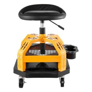 rolling shop stool, heavy duty pneumatic garage seat with 300 lbs capacity, adjustable height roller creeper seat, 360° swivel padded workshop stool with casters, for garage, shop & auto repair