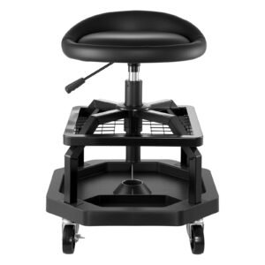 rolling shop stool, pneumatic garage seat/work stool with 300 lbs capacity, adjustable height roller creeper seat, 360° swivel padded workshop stool with casters, for garage, shop & auto repair