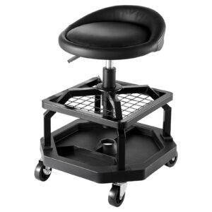 rolling shop stool, pneumatic garage seat/work stool with 300 lbs capacity, adjustable height roller creeper seat, 360° swivel padded workshop stool with casters, for garage, shop & auto repair