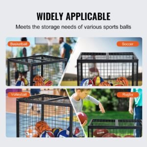 rolling sports ball storage cart, basketball cage with double lids, sport equipment holder organizer for indoor outdoor, steel storage rack for garages, playgroup, gym and schools