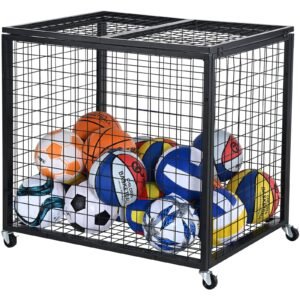 rolling sports ball storage cart, basketball cage with double lids, sport equipment holder organizer for indoor outdoor, steel storage rack for garages, playgroup, gym and schools