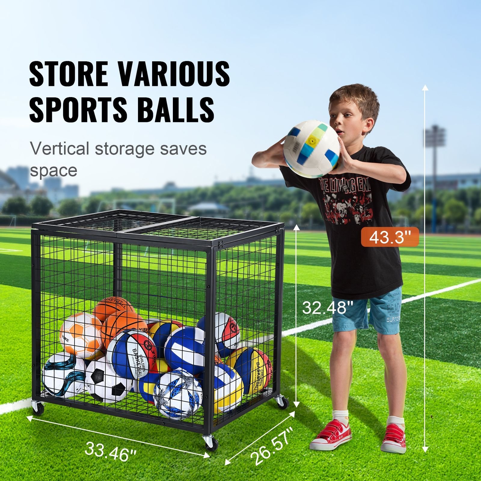 rolling sports ball storage cart, basketball cage with double lids, sport equipment holder organizer for indoor outdoor, steel storage rack for garages, playgroup, gym and schools