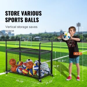 rolling sports ball storage cart, lockable basketball cage with double lids, sport equipment holder organizer for indoor outdoor, steel storage rack for garages, playgroup, gym and schools