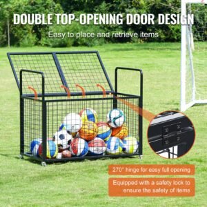 rolling sports ball storage cart, lockable basketball cage with double lids, sport equipment holder organizer for indoor outdoor, steel storage rack for garages, playgroup, gym and schools