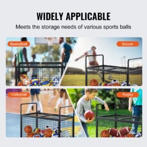 rolling sports ball storage cart, lockable basketball cage with double lids, sport equipment holder organizer for indoor outdoor, steel storage rack for garages, playgroup, gym and schools