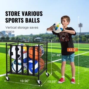 rolling sports ball storage cart, lockable basketball cage with elastic straps, sport equipment holder organizer for indoor outdoor, steel storage rack for garages, playgroup, gym and schools