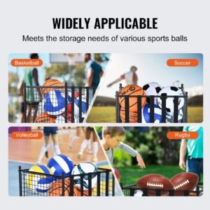 rolling sports ball storage cart, lockable basketball cage with elastic straps, sport equipment holder organizer for indoor outdoor, steel storage rack for garages, playgroup, gym and schools