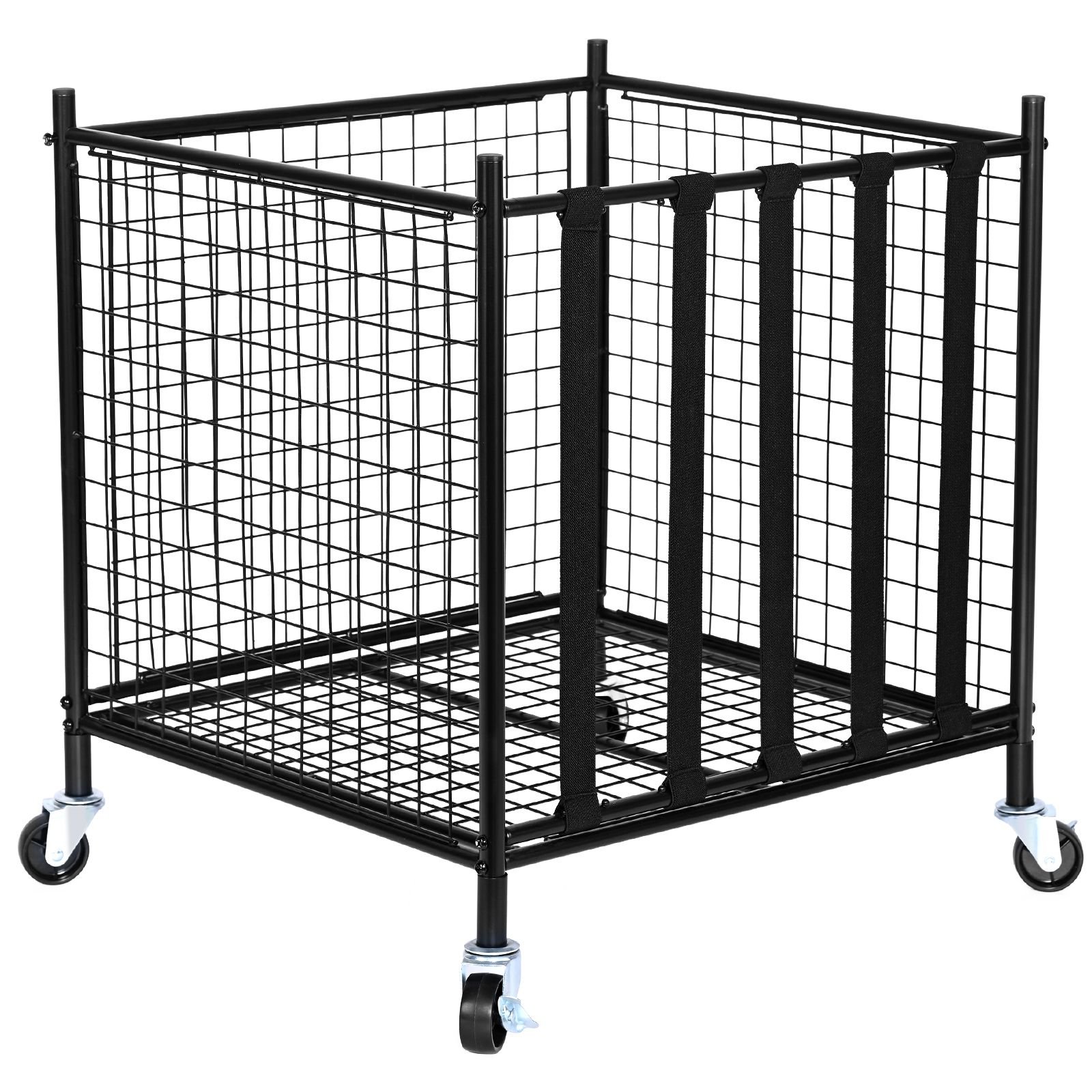 rolling sports ball storage cart, lockable basketball cage with elastic straps, sport equipment holder organizer for indoor outdoor, steel storage rack for garages, playgroup, gym and schools