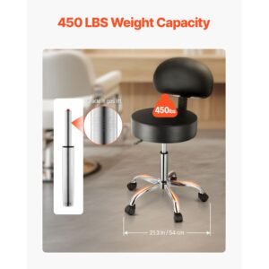 rolling stool with back support and wheels, 450 lbs weight capacity round rolling stool chair, height adjustable thickened pu leather swivel stool for salon, spa, massage, tattoo, clinic, black