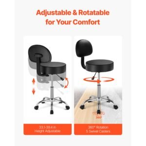 rolling stool with back support and wheels, 450 lbs weight capacity round rolling stool chair, height adjustable thickened pu leather swivel stool for salon, spa, massage, tattoo, clinic, black