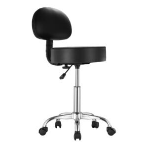 Rolling Stool with Back Support and Wheels, 450 LBS Weight Capacity Round Rolling Stool Chair, Height Adjustable Thickened PU Leather Swivel Stool for Salon, Spa, Massage, Tattoo, Clinic, Black