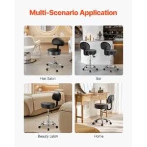rolling stool with back support and wheels, 450 lbs weight capacity round rolling stool chair, height adjustable thickened pu leather swivel stool for salon, spa, massage, tattoo, clinic, black