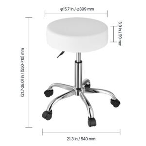 Rolling Stool with Wheels, 450 LBS Weight Capacity Round Rolling Stool Chair, Height Adjustable Thickened PU Leather Swivel Stool for Salon, Spa, Massage, Tattoo, Clinic, White