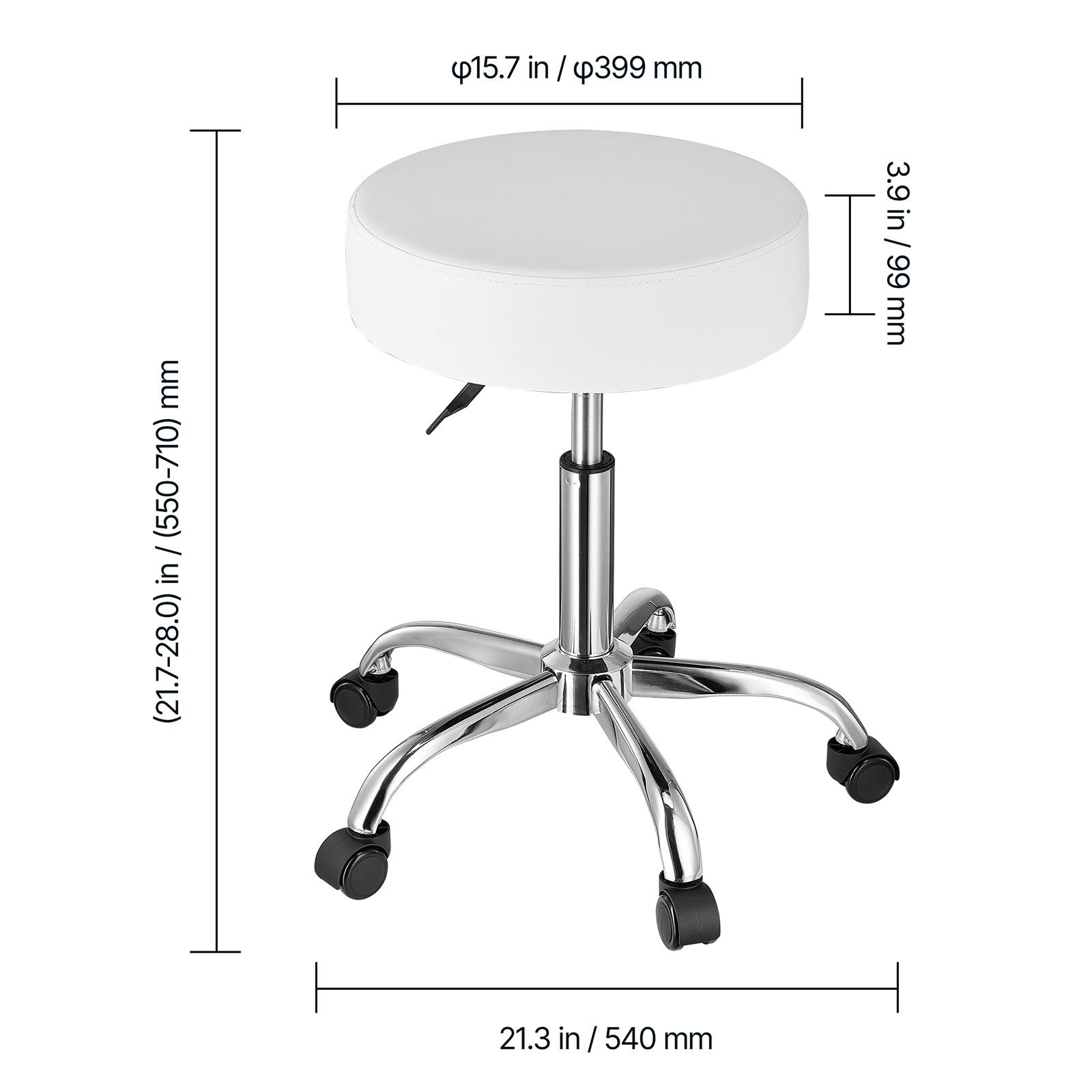 rolling stool with wheels, 450 lbs weight capacity round rolling stool chair, height adjustable thickened pu leather swivel stool for salon, spa, massage, tattoo, clinic, white