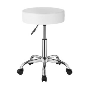 rolling stool with wheels, 450 lbs weight capacity round rolling stool chair, height adjustable thickened pu leather swivel stool for salon, spa, massage, tattoo, clinic, white