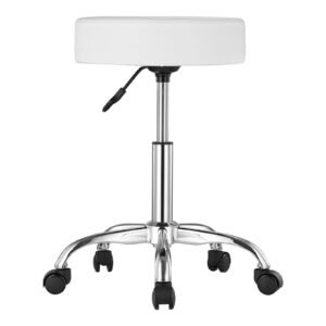 rolling stool with wheels, 450 lbs weight capacity round rolling stool chair, height adjustable thickened pu leather swivel stool for salon, spa, massage, tattoo, clinic, white