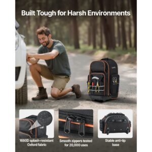 rolling tool backpack, 110 lbs load capacity, 72 pockets heavy duty roller tool bag on wheels, adjustable telescoping handle & stable base, toolbag organizers for construction, mechanic