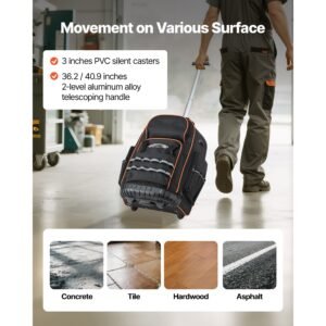 rolling tool backpack, 110 lbs load capacity, 72 pockets heavy duty roller tool bag on wheels, adjustable telescoping handle & stable base, toolbag organizers for construction, mechanic