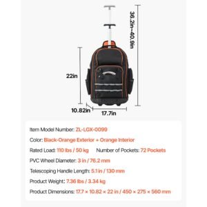 rolling tool backpack, 110 lbs load capacity, 72 pockets heavy duty roller tool bag on wheels, adjustable telescoping handle & stable base, toolbag organizers for construction, mechanic