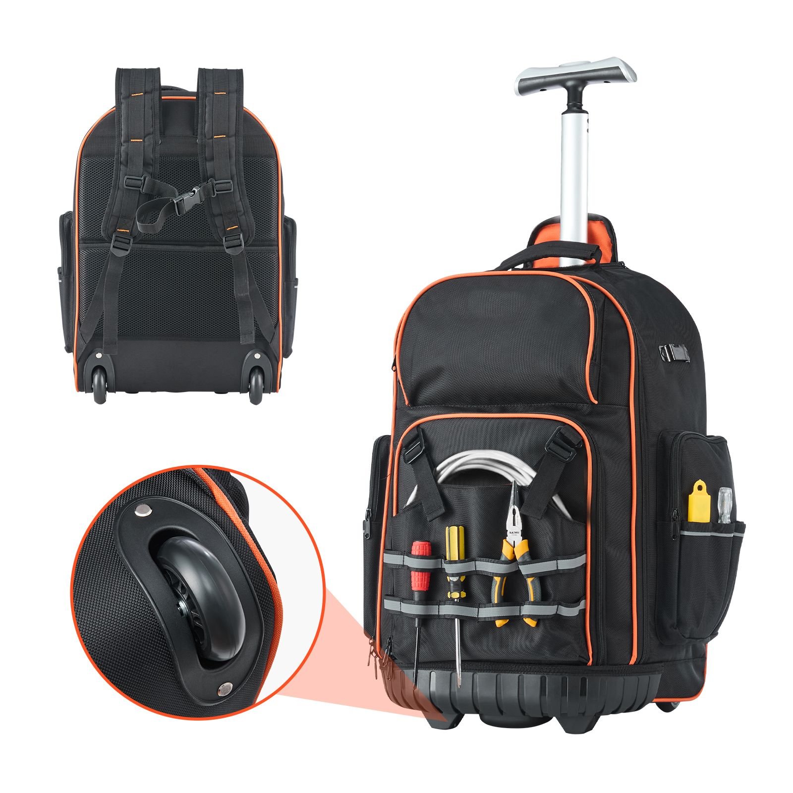 rolling tool backpack, 110 lbs load capacity, 72 pockets heavy duty roller tool bag on wheels, adjustable telescoping handle & stable base, toolbag organizers for construction, mechanic