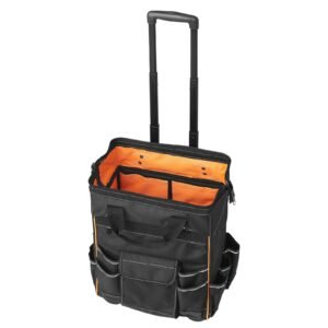 rolling tool bag, 110 lbs load capacity, 25 pockets heavy duty roller tool bag on wheels, adjustable telescoping handle & stable base, toolbag organizers with wheels for construction, mechanic