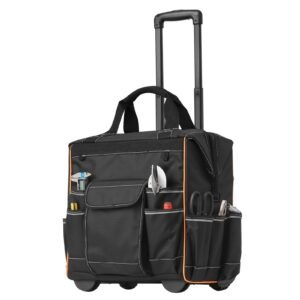 rolling tool bag, 110 lbs load capacity, 25 pockets heavy duty roller tool bag on wheels, adjustable telescoping handle & stable base, toolbag organizers with wheels for construction, mechanic