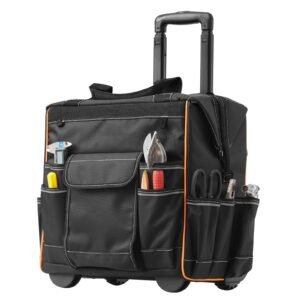 Rolling Tool Bag, 110 lbs Load Capacity, 25 Pockets Heavy Duty Roller Tool Bag on Wheels, Adjustable Telescoping Handle & Stable Base, Toolbag Organizers with Wheels for Construction, Mechanic