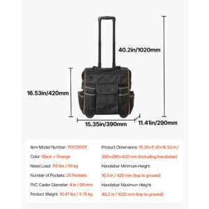 rolling tool bag, 110 lbs load capacity, 25 pockets heavy duty roller tool bag on wheels, adjustable telescoping handle & stable base, toolbag organizers with wheels for construction, mechanic