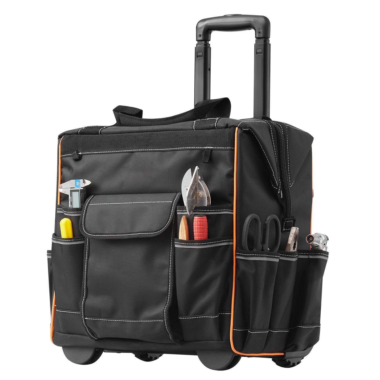 rolling tool bag, 110 lbs load capacity, 25 pockets heavy duty roller tool bag on wheels, adjustable telescoping handle & stable base, toolbag organizers with wheels for construction, mechanic