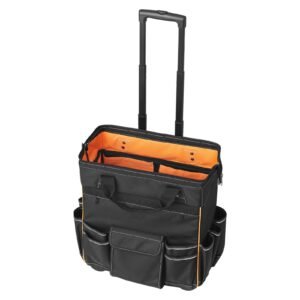 rolling tool bag, 110 lbs load capacity, 25 pockets heavy duty roller tool bag with adjustable telescoping handle & stable base, toolbag organizers with wheels for electrician, construction