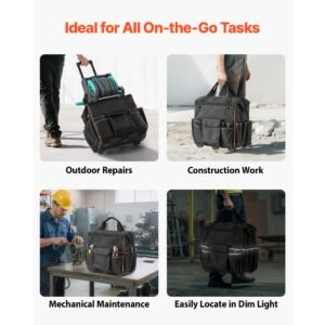 rolling tool bag, 110 lbs load capacity, 25 pockets heavy duty roller tool bag with adjustable telescoping handle & stable base, toolbag organizers with wheels for electrician, construction