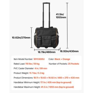 rolling tool bag, 110 lbs load capacity, 25 pockets heavy duty roller tool bag with adjustable telescoping handle & stable base, toolbag organizers with wheels for electrician, construction