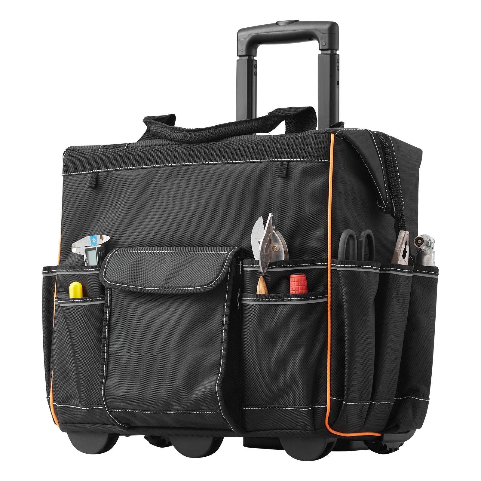 rolling tool bag, 110 lbs load capacity, 25 pockets heavy duty roller tool bag with adjustable telescoping handle & stable base, toolbag organizers with wheels for electrician, construction