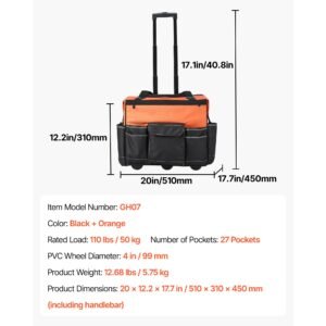 rolling tool bag, 110 lbs load capacity, 27 pockets heavy duty roller tool bag on wheels, adjustable telescoping handle & stable base, toolbag organizers with wheels for construction, mechanic