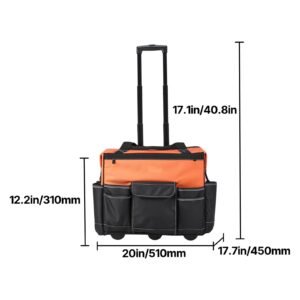 rolling tool bag, 110 lbs load capacity, 27 pockets heavy duty roller tool bag on wheels, adjustable telescoping handle & stable base, toolbag organizers with wheels for construction, mechanic