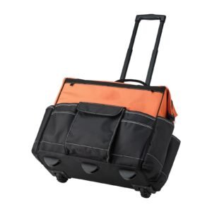 rolling tool bag, 110 lbs load capacity, 27 pockets heavy duty roller tool bag on wheels, adjustable telescoping handle & stable base, toolbag organizers with wheels for construction, mechanic