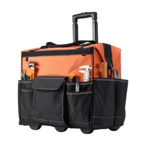 rolling tool bag, 110 lbs load capacity, 27 pockets heavy duty roller tool bag on wheels, adjustable telescoping handle & stable base, toolbag organizers with wheels for construction, mechanic