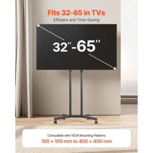 rolling tv stand, mobile tv cart for 32 65 inch screens, height adjustable, portable monitor stand with wheels holds up to 88 lbs for living room, bedroom, office, outdoor, max vesa 400x400mm
