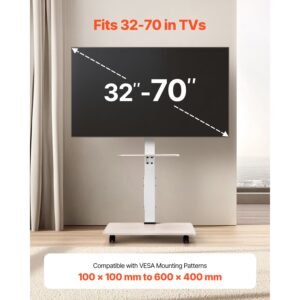 rolling tv stand, mobile tv cart for 32 70 inch screens, 25° left right rotation and height adjustable tv mount with tray, holds up to 88 lbs for corner, bedroom, outdoor, max vesa 600x400mm